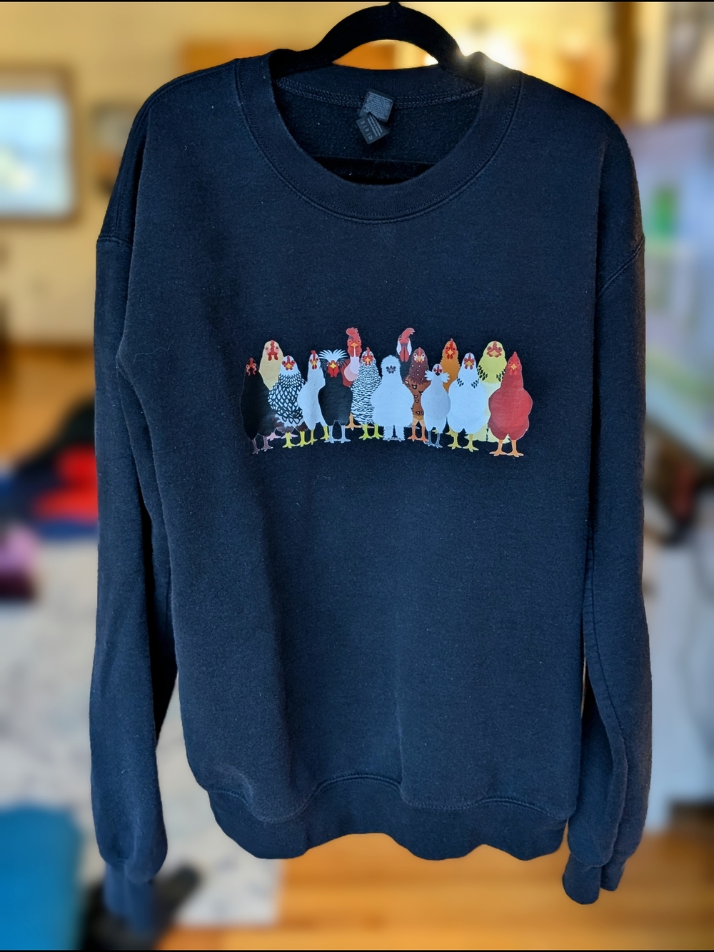Black Women's Crewneck Sweatshirt with Colorful Chicken Graphic